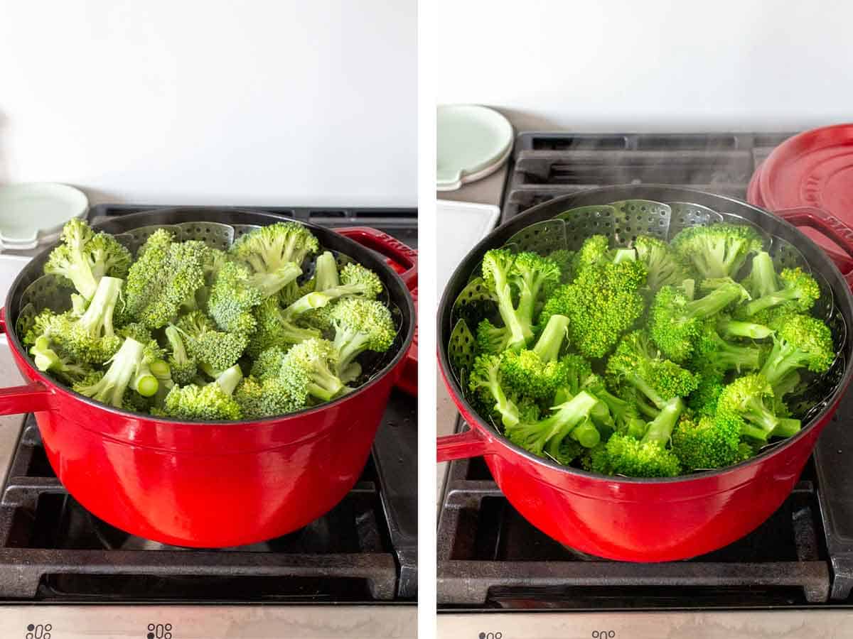 Set of two photos showing before and after broccoli steamed.