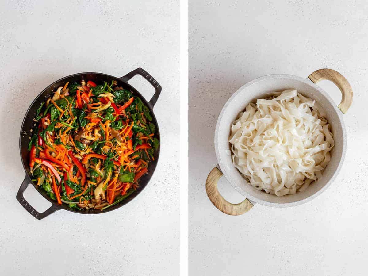 Set of two photos showing vegetables cooked in a skillet and rice noodles cooked in a pot.
