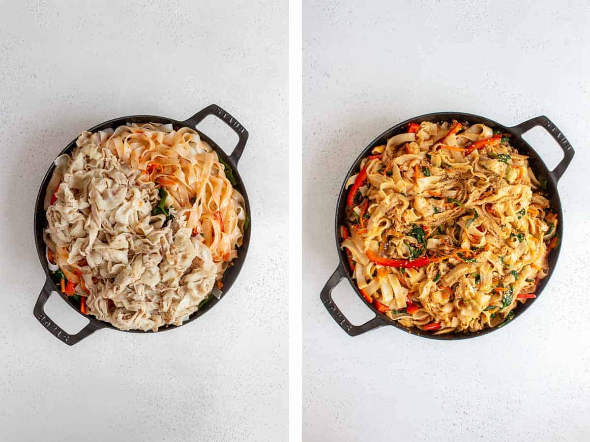 Set of two photos showing cooked pork and noodles added to the skillet and mixed with sauce.