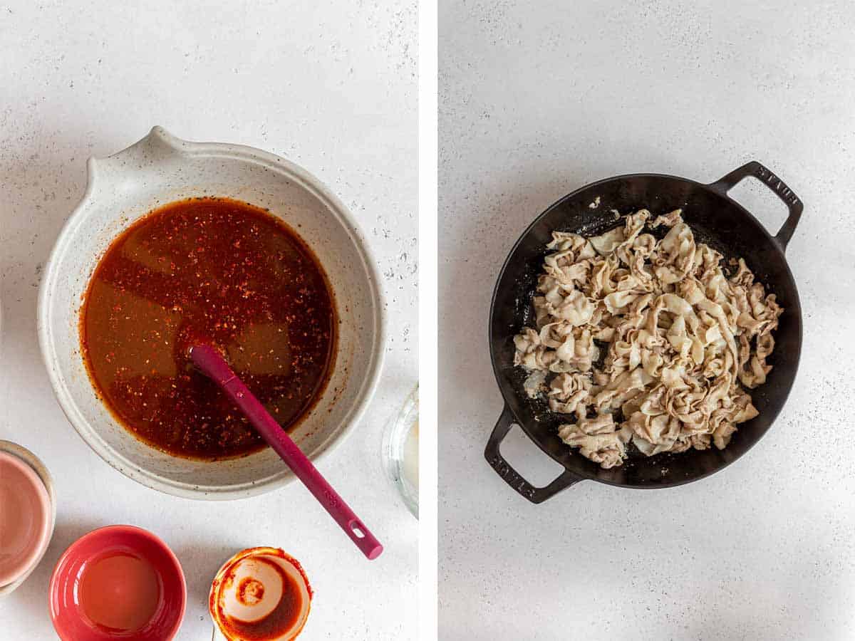 Set of two photos showing sauce mixed in a bowl and pork cooked in a skillet.