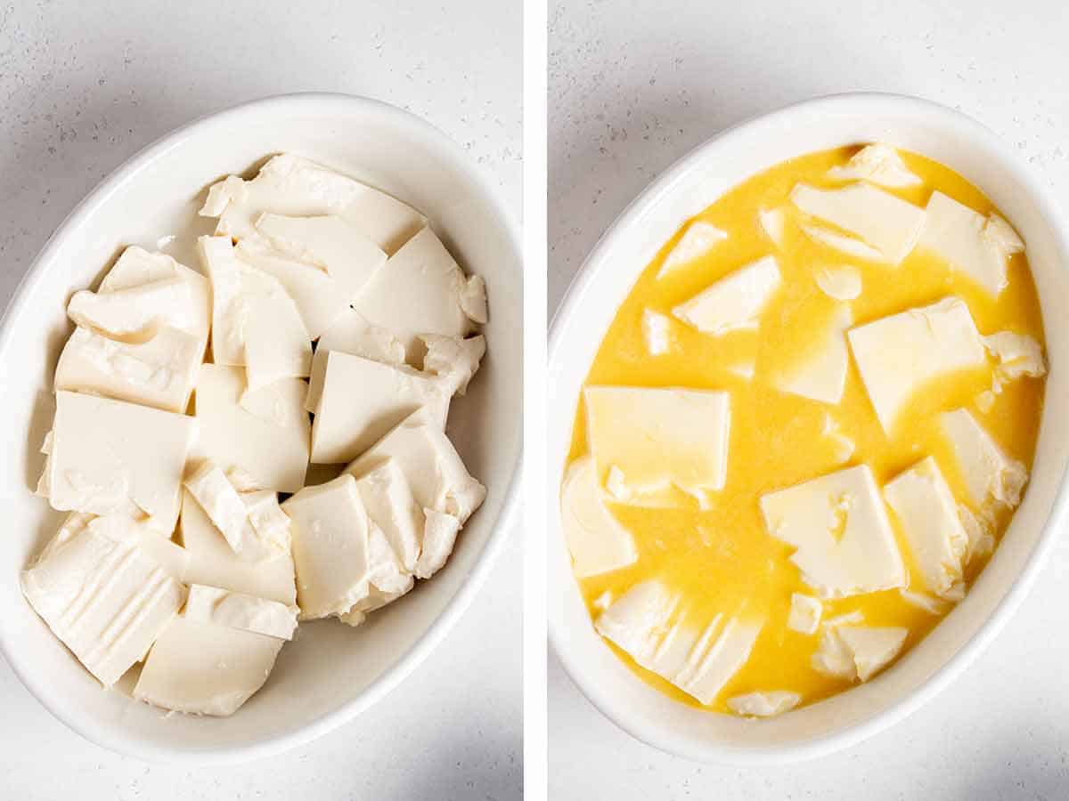 Set of two photos showing sliced tofu added to a baking dish and whisked eggs poured on top.