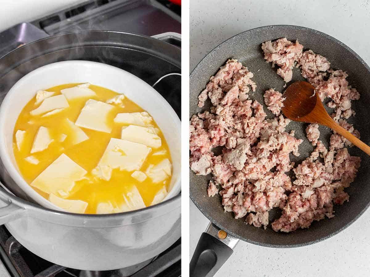Set of two photos showing the egg and tofu going into a steamer and pork added to a skillet.