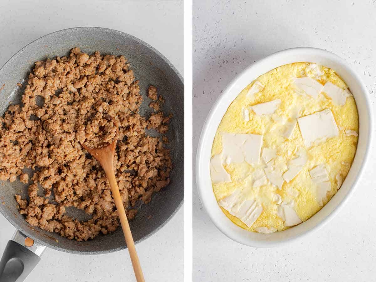 Set of two photos showing pork cooked in a skillet and tofu and egg steamed together.
