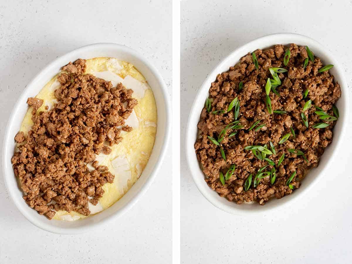 Set of two photos showing minced pork placed on top of the steamed egg and tofu. Garnished with sesame seeds and green onions.