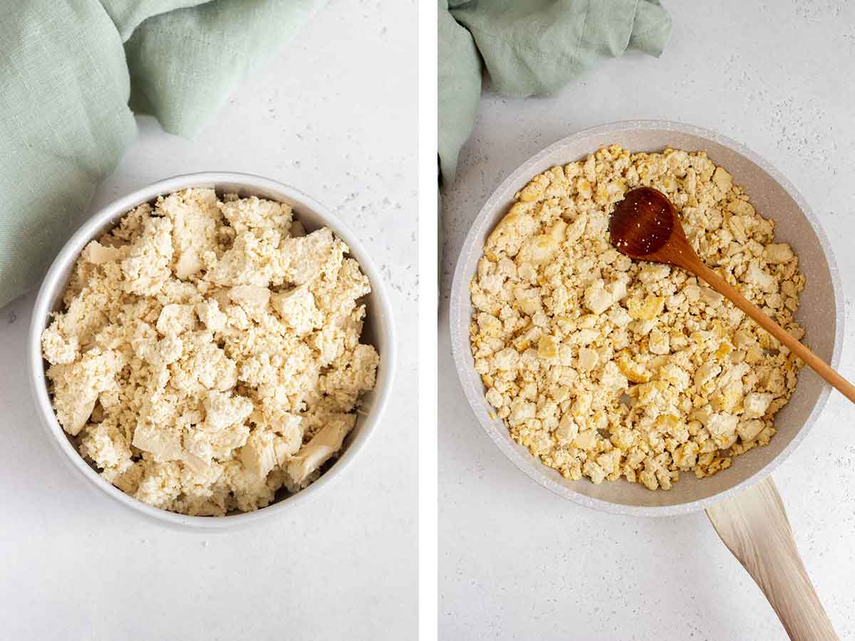 Set of two photos showing tofu crumbled.