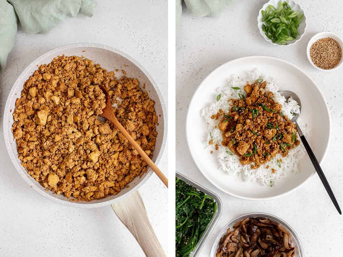 Set of two photos showing tofu bulgogi in a skillet and plated in a bowl over rice.
