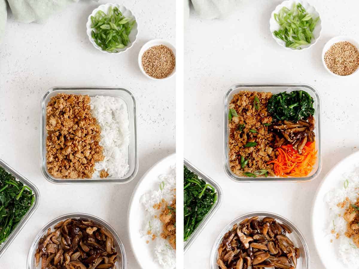 Set of two photos showing tofu bulgogi lunchbox assembled.