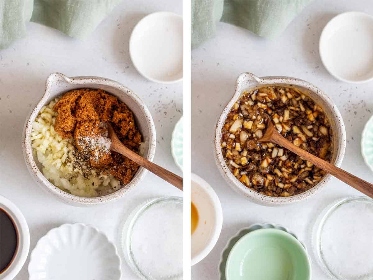 Set of two photos showing sauce added to a small spouted bowl and mixed.