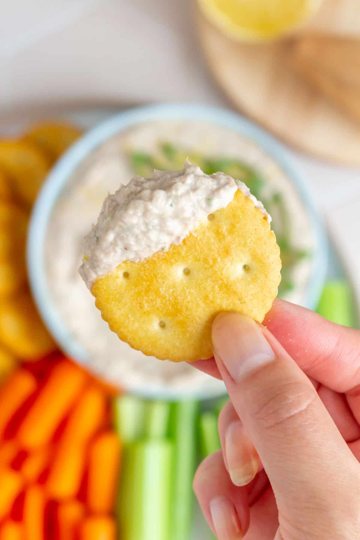 A hand holding up a cracker with tuna dip.