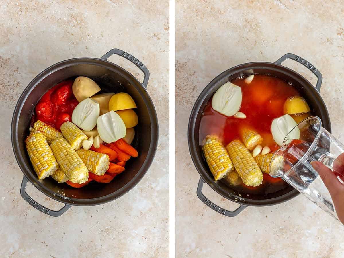 Set of two photos showing corn on the cob, onions, garlic, and water added to the pot.