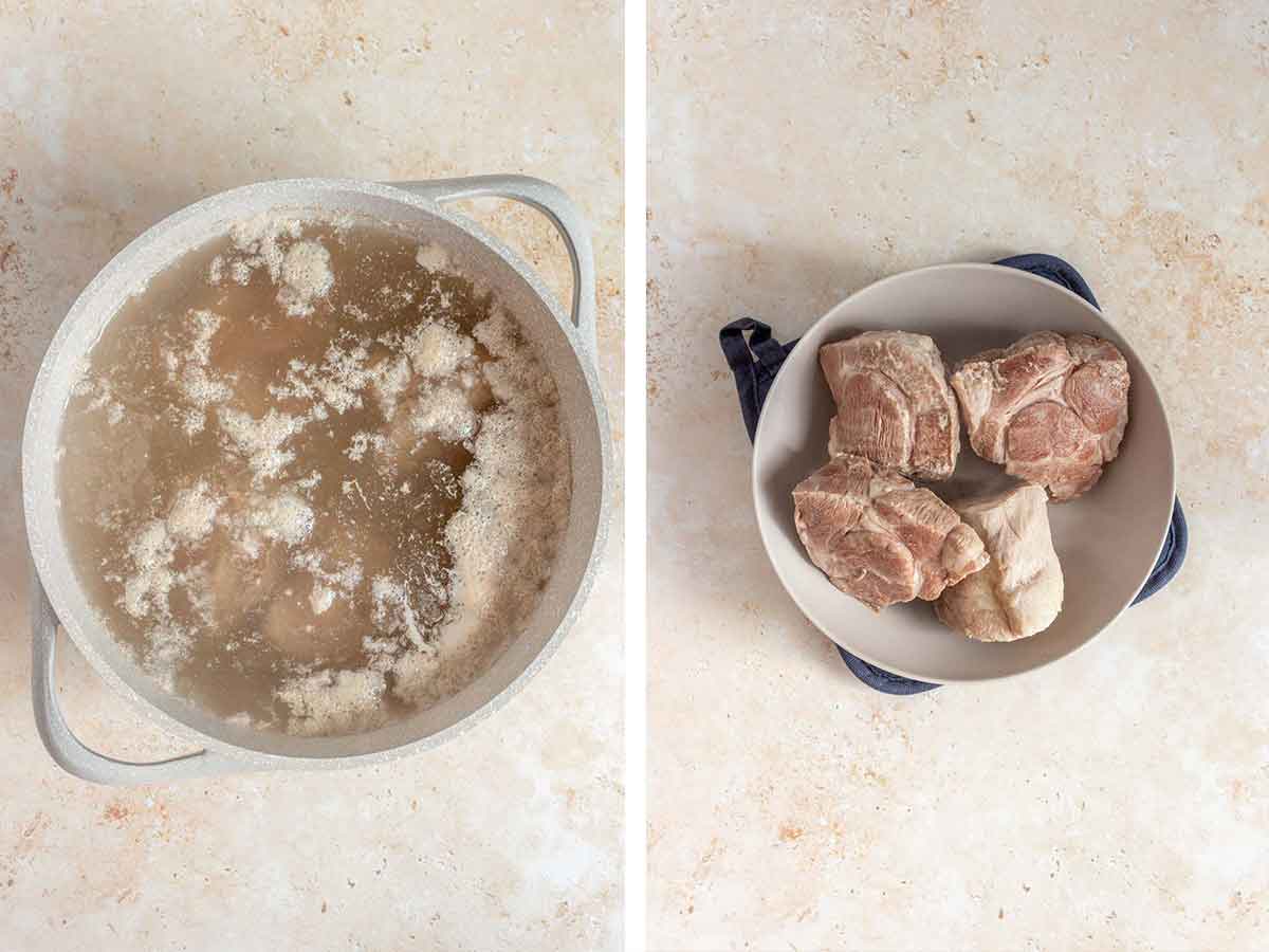 Set of two photos showing the pork boiled and removed from the foamy water.