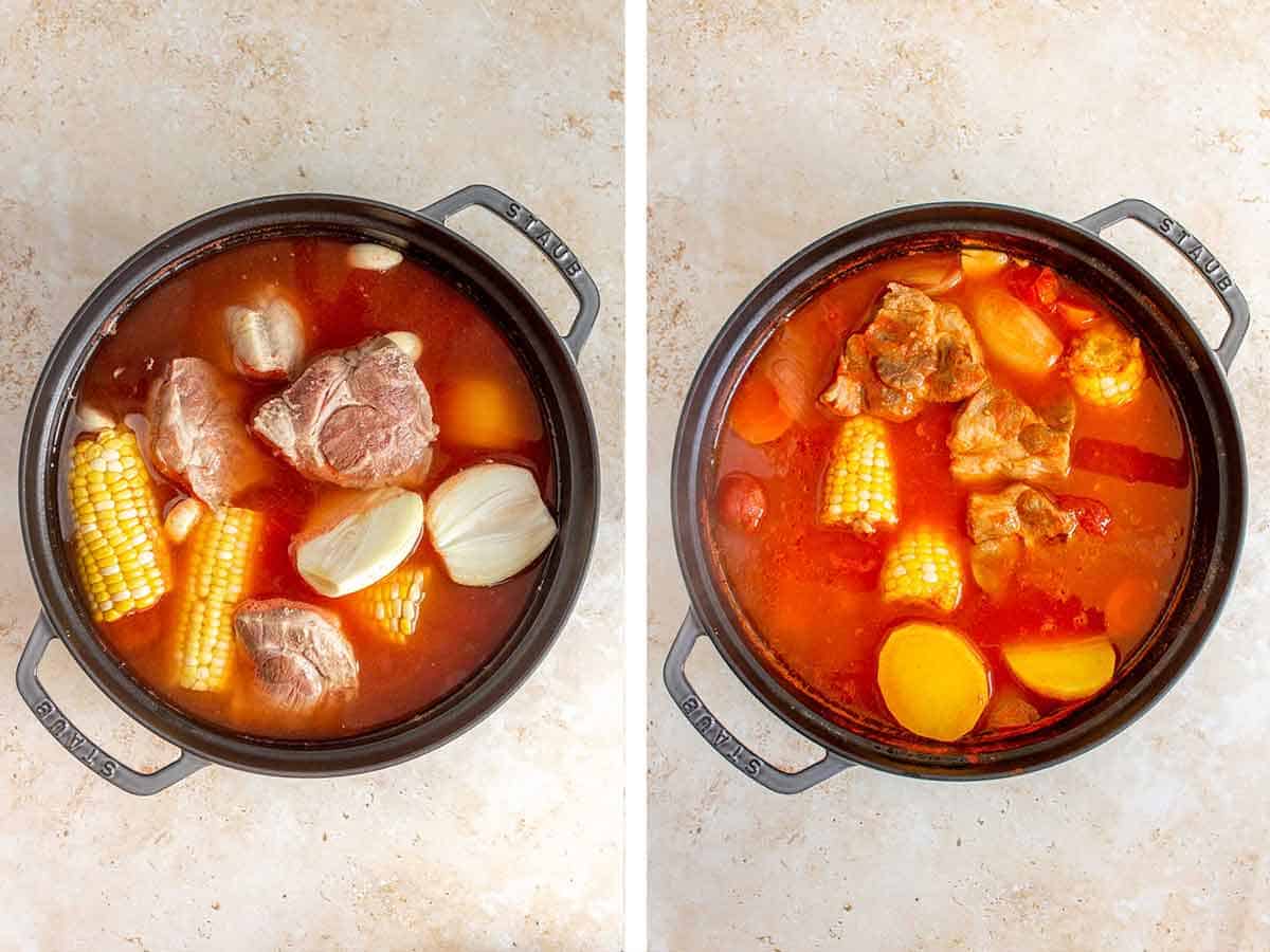 Set of two photos showing pork added to the soup and simmered.