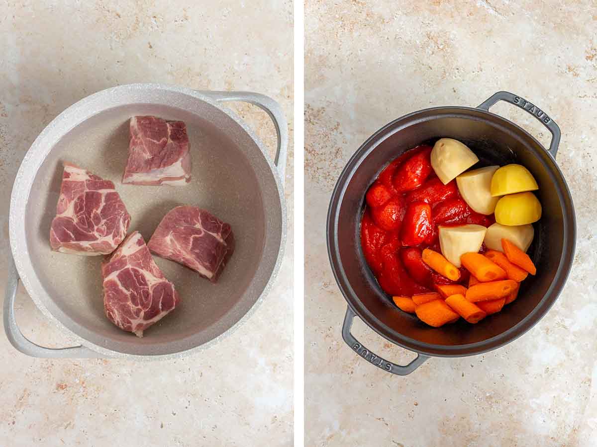 Set of two photos showing pork placed in a pot of water and tomatoes, carrots, potatoes added to another pot.
