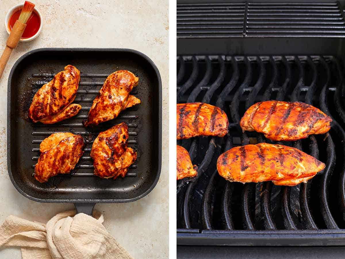 Set of two photos showing buffalo chicken in a grilling pan and a grill.