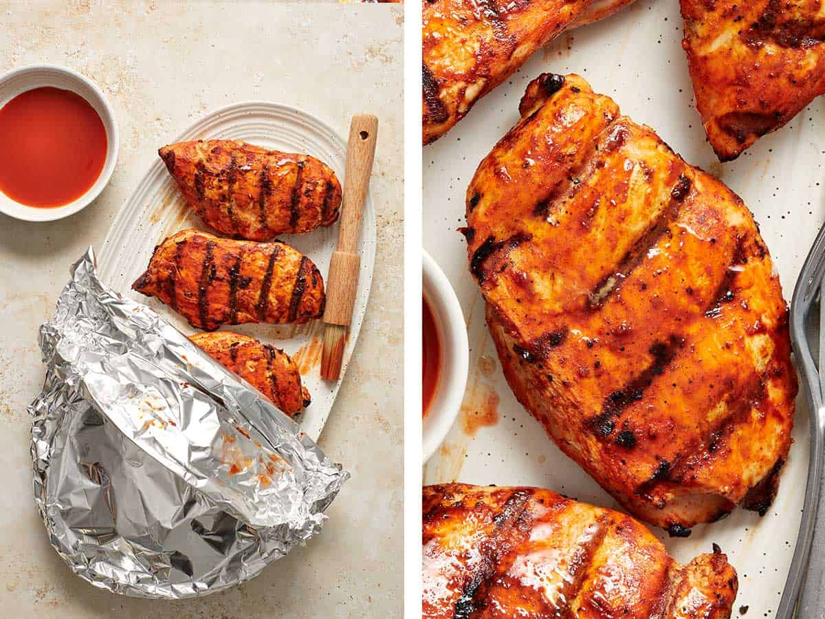 Set of two photos showing grilled buffalo chicken resting under tinfoil.