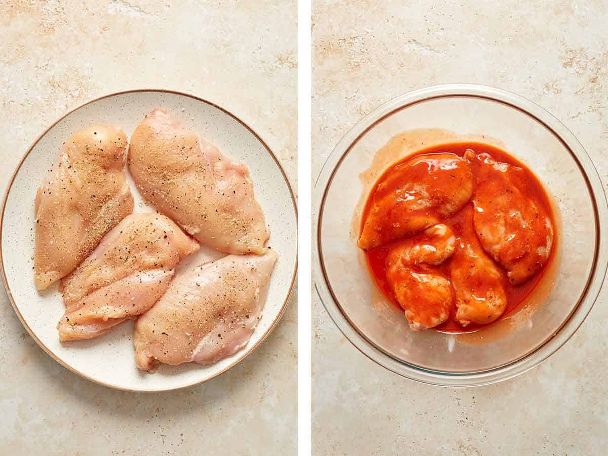 Set of two photos showing chicken breasts seasoned and placed in buffalo sauce.