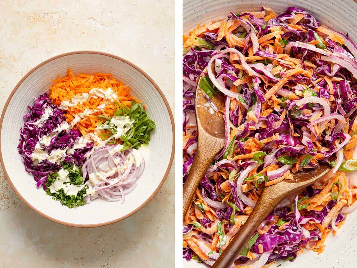 Set of two photos showing before and after slaw is tossed in sauce.