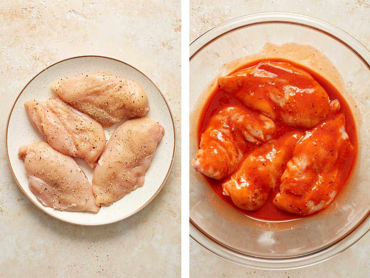 Set of two photos showing chicken breasts seasoned then coated in buffalo sauce.