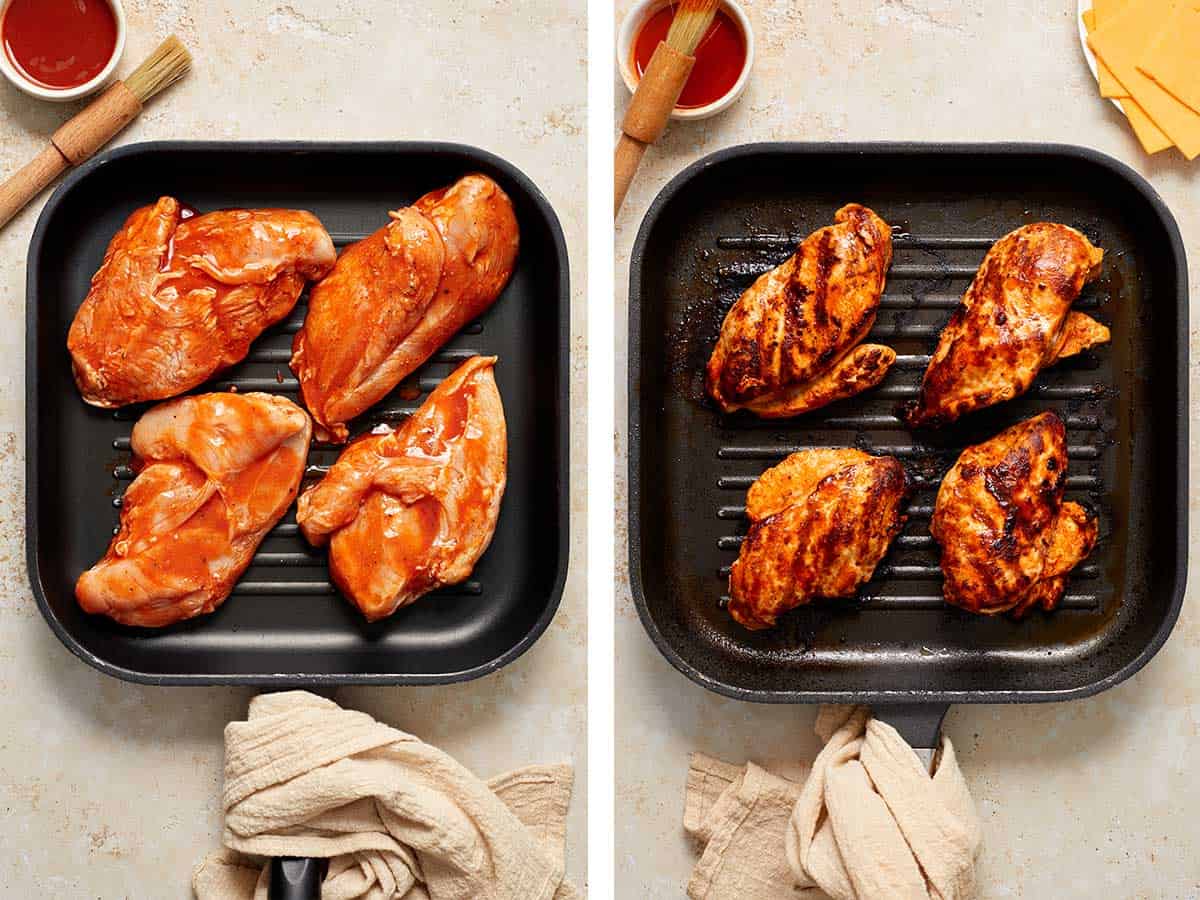 Set of two photos showing before and after the meat is grilled.