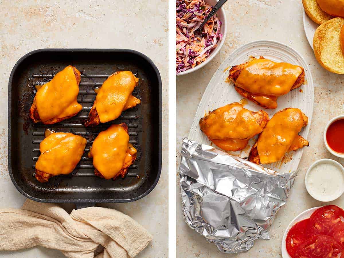 Set of two photos showing grilled buffalo chicken breasts with cheese melted on top on a grilling pan then on a platter.