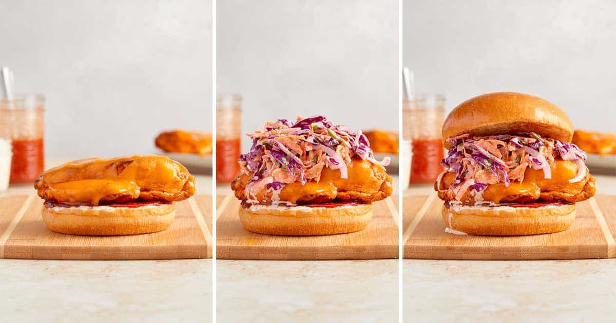 Set of three photos showing grilled buffalo chicken sandwich being assembled.