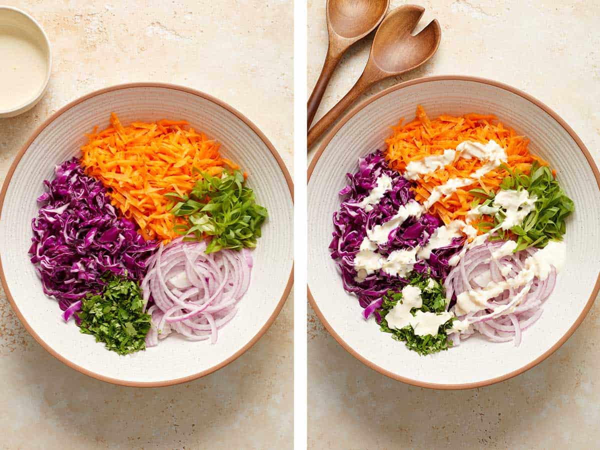 Set of two photos showing all the slaw ingredients added to a bowl then topped with sauce.