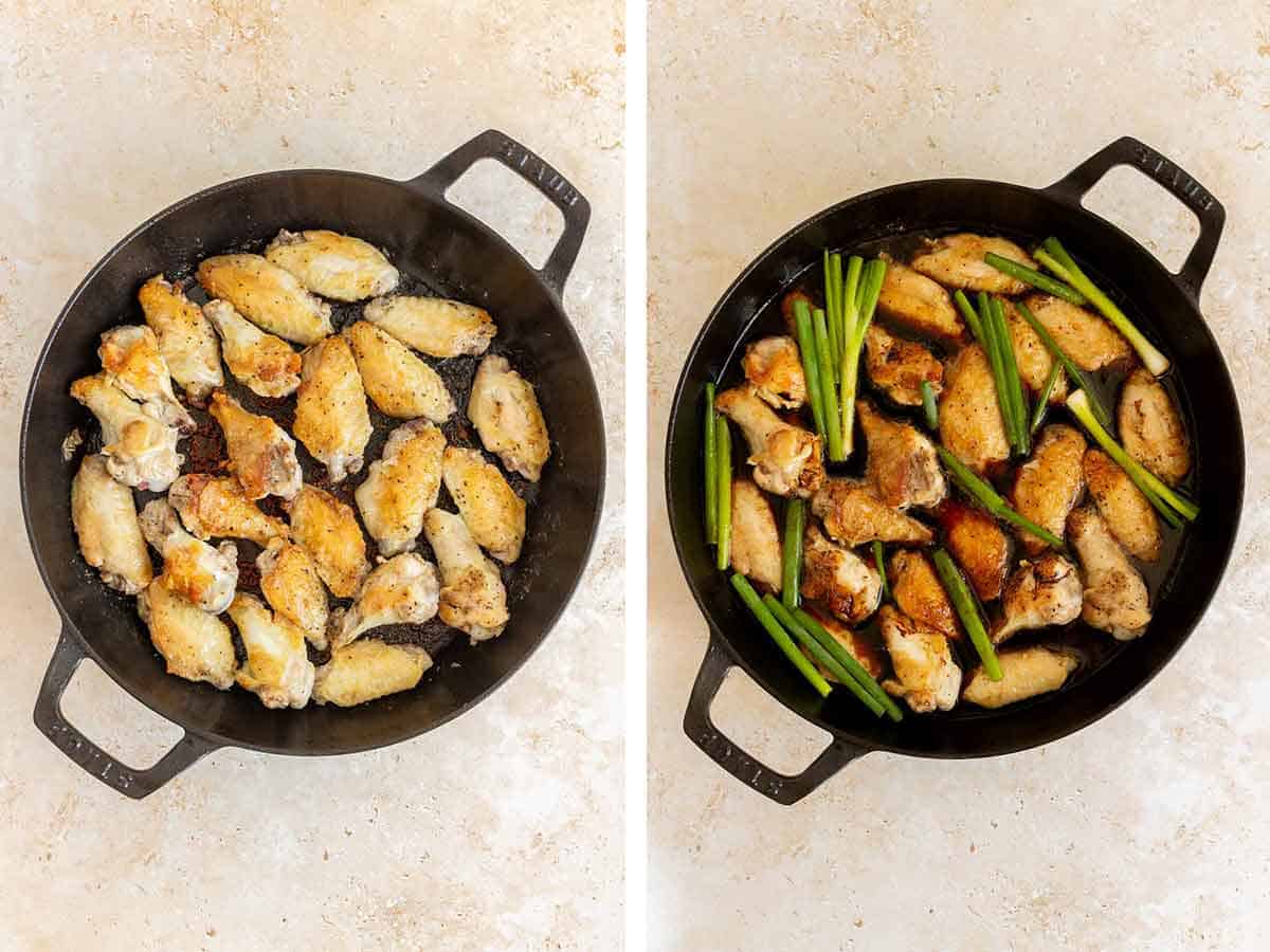 Set of two photos showing wings seared in a skillet and sauce and green onions added.