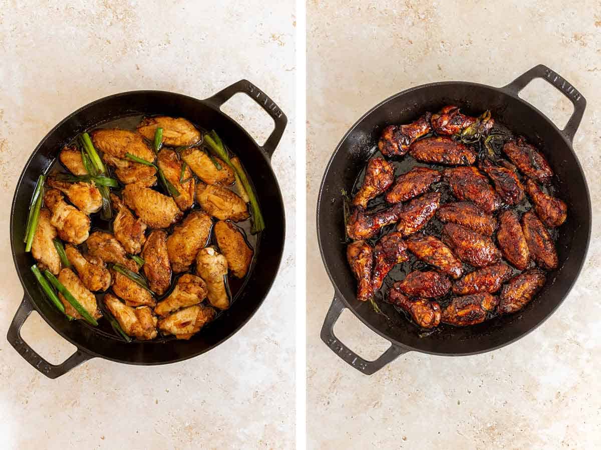 Set of two photos showing cola chicken simmered in a skillet.