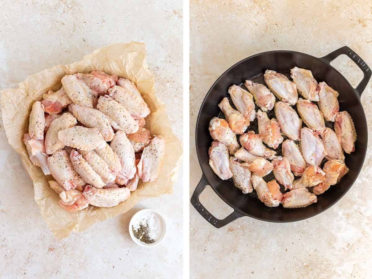Set of two photos showing wings seasoned and added to a skillet.