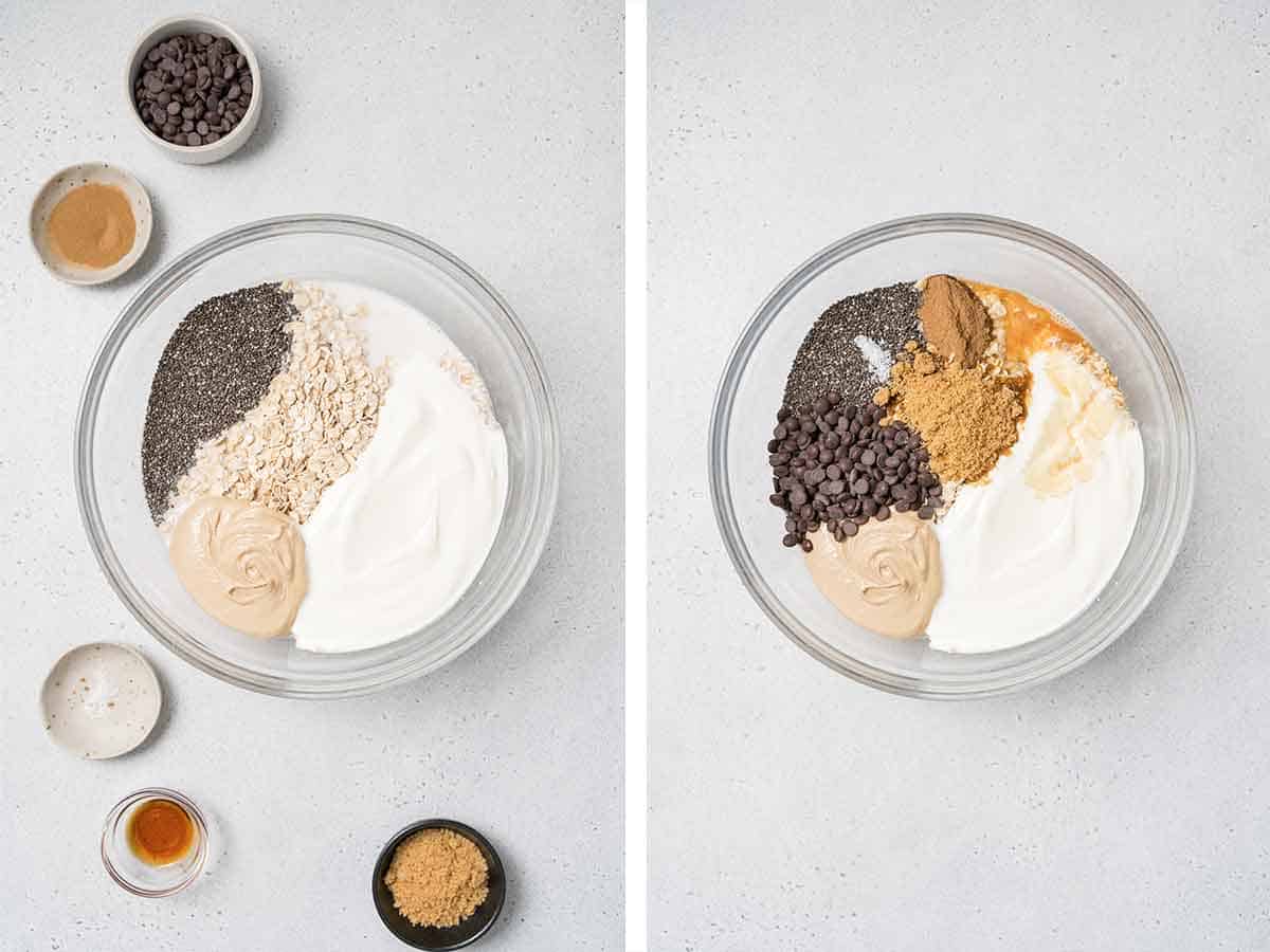 Set of two photos showing nut butter, mini chocolate chips, brown sugar, yogurt, cinnamon, vanilla extract, and salt added to the bowl of rolled oats, chia seeds, and milk.