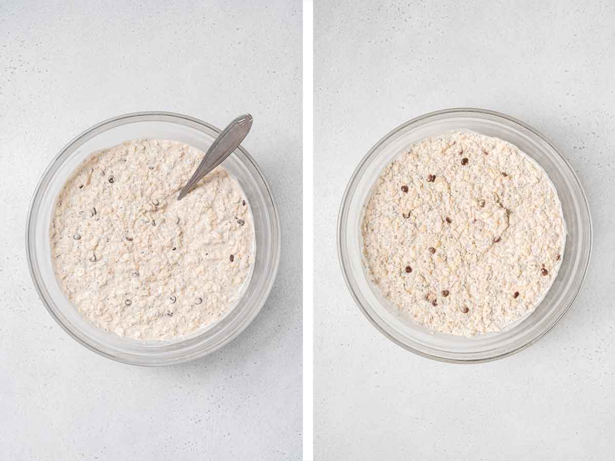 Set of two photos showing cookie dough overnight oats ingredients mixed together in a bowl then set overnight.