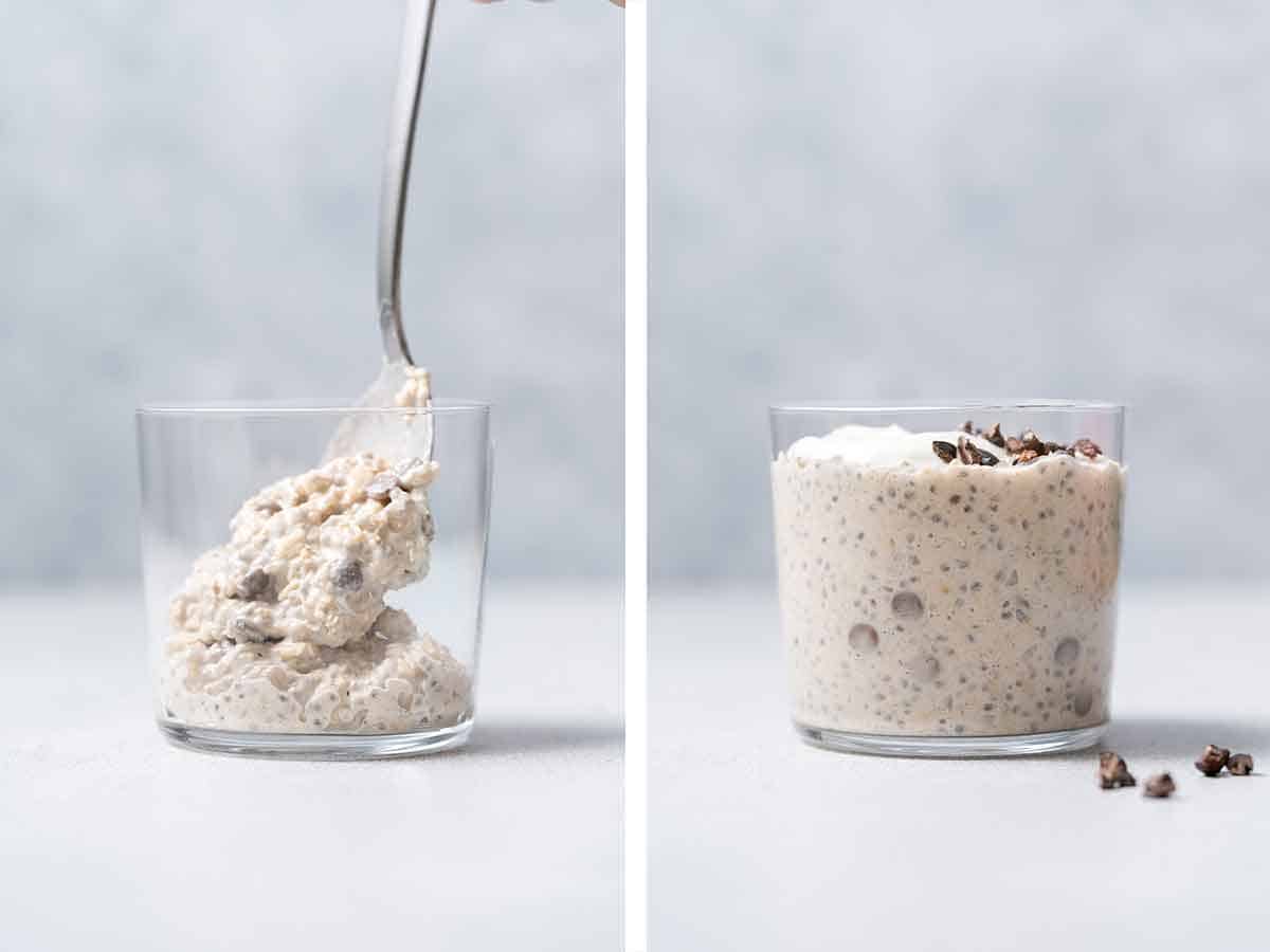 Set of two photos showing cookie dough overnight oats spooned into a jar and topped with toppings.