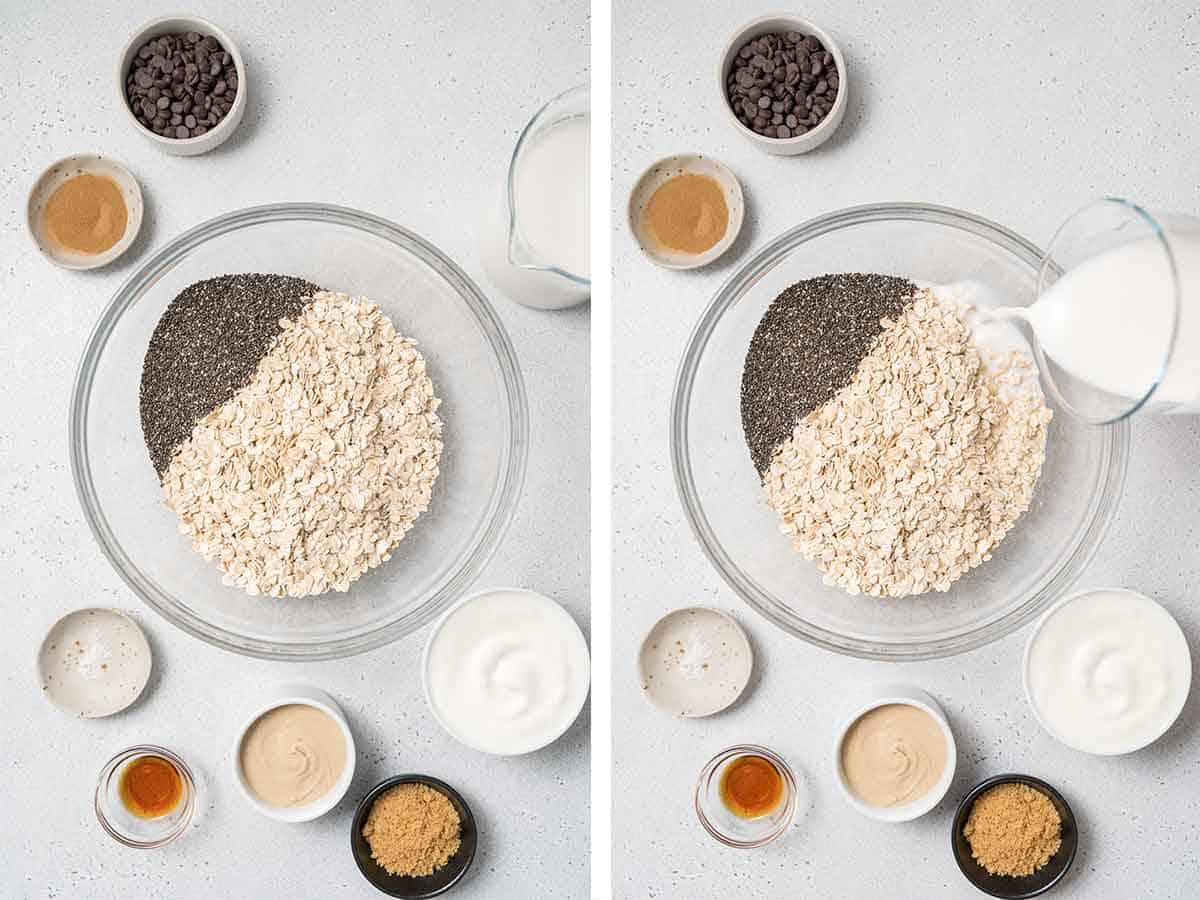 Set of two photos showing rolled oats, chia seeds, and milk added to a bowl.