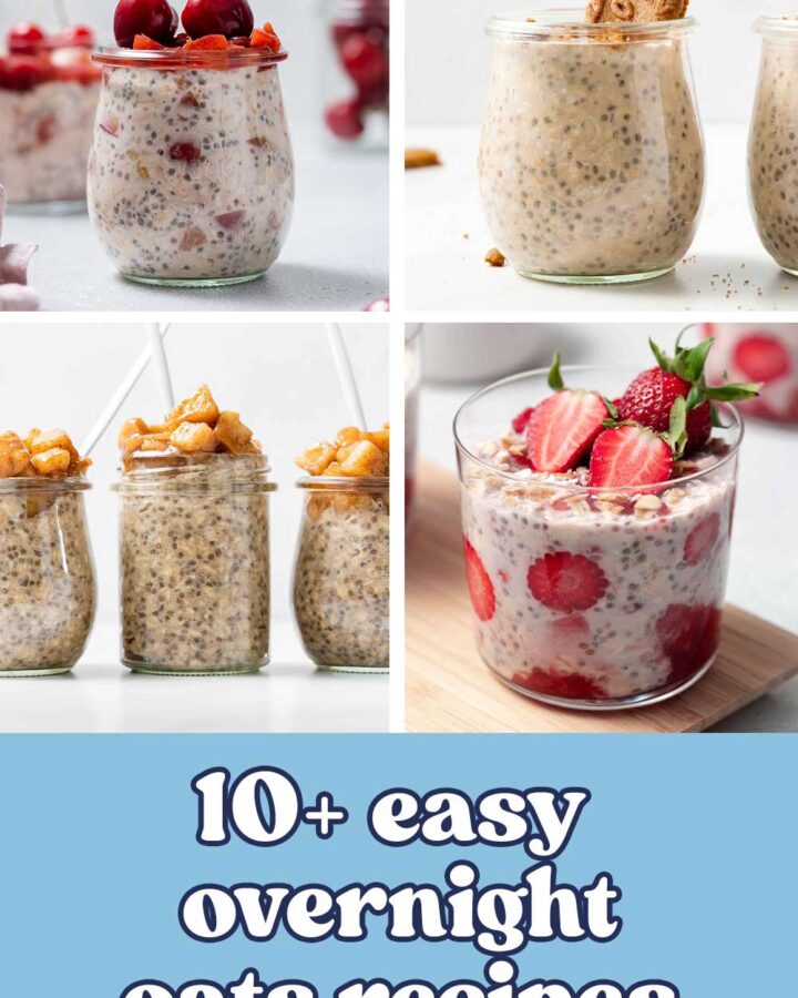 Pinterest graphic of four different flavors of overnight oats in different styled jars.