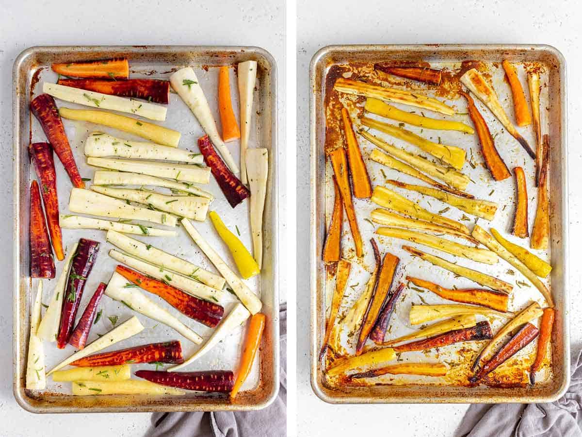 Set of two photos showing before and after parsnips and carrots roasted on a sheet pan.