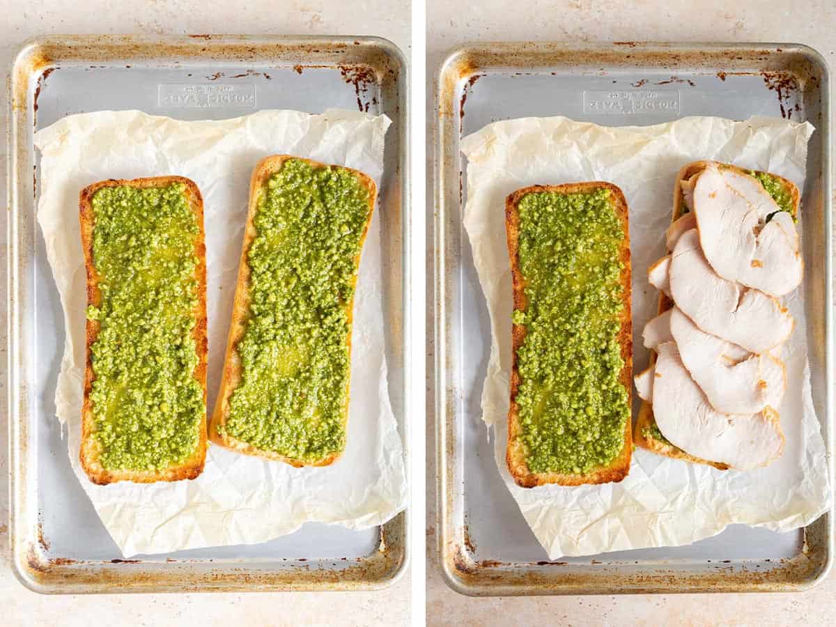 Set of two photos showing pesto spread onto ciabatta and topped with sliced turkey.