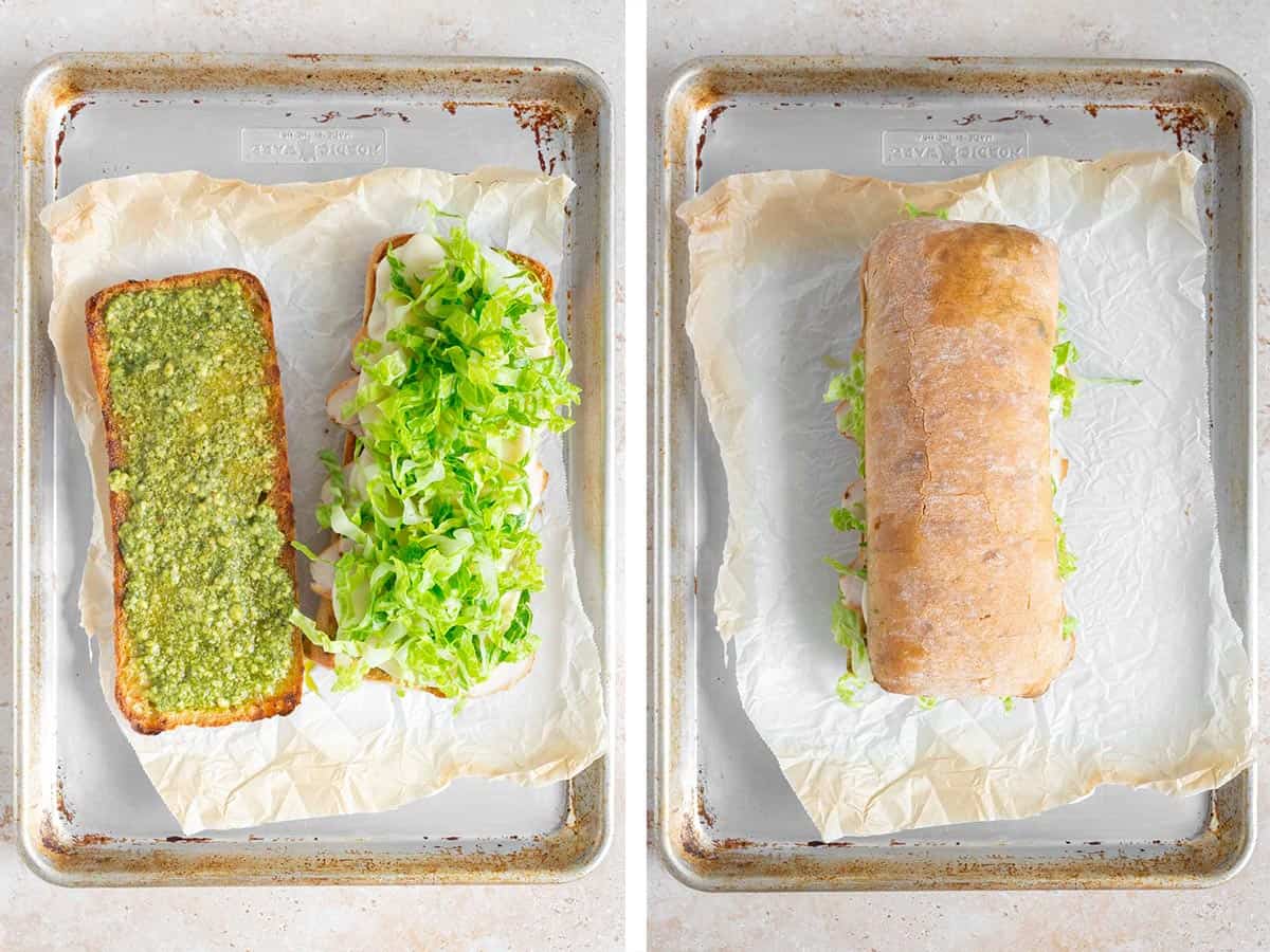 Set of two photos showing shredded lettuce added to the sandwich and assembled.