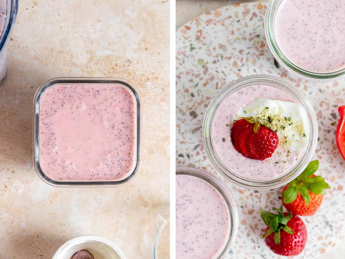 Set of two photos showing strawberry chia pudding before and after setting and garnished.