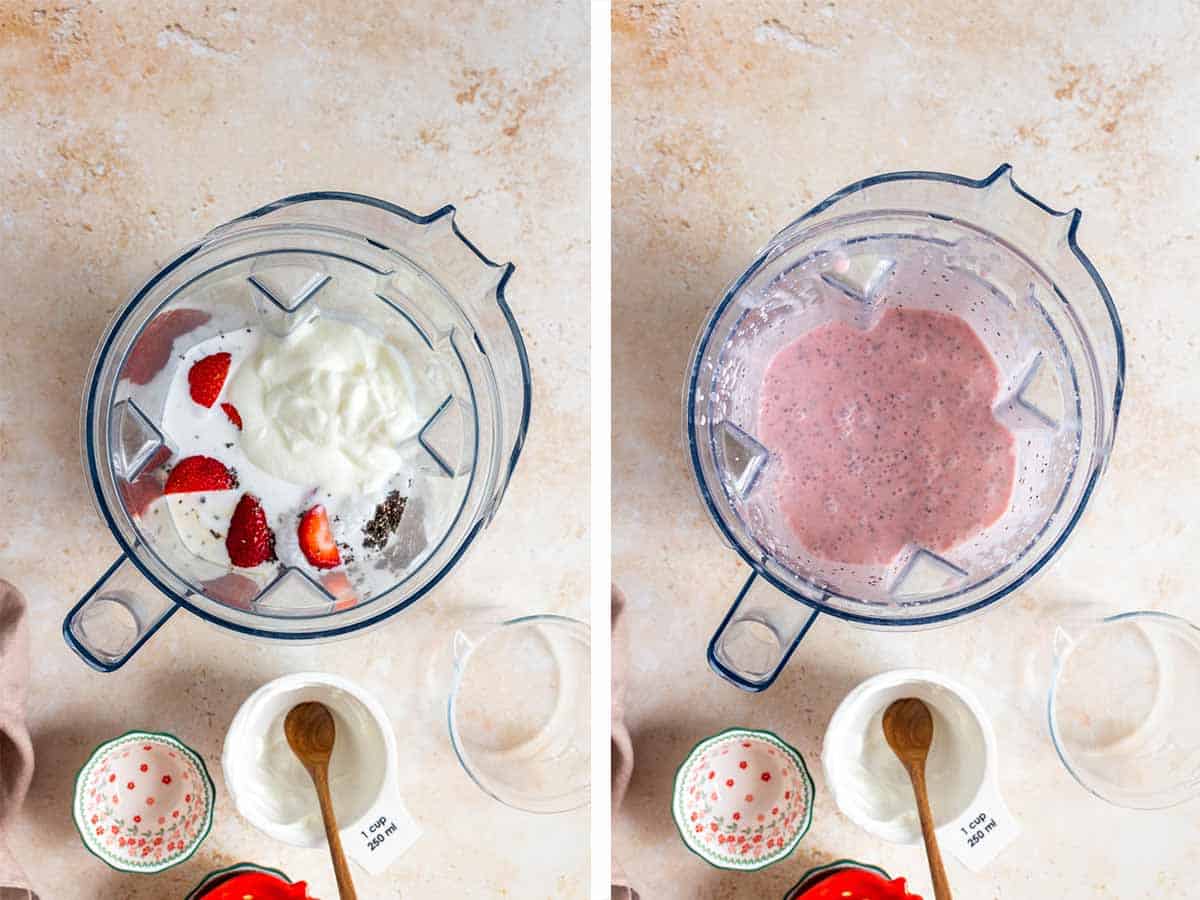 Set of two photos showing ingredients added to a blender and blended up.
