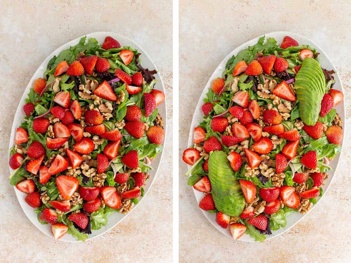 Set of two photos showing strawberries and avocado added to the plated salad.