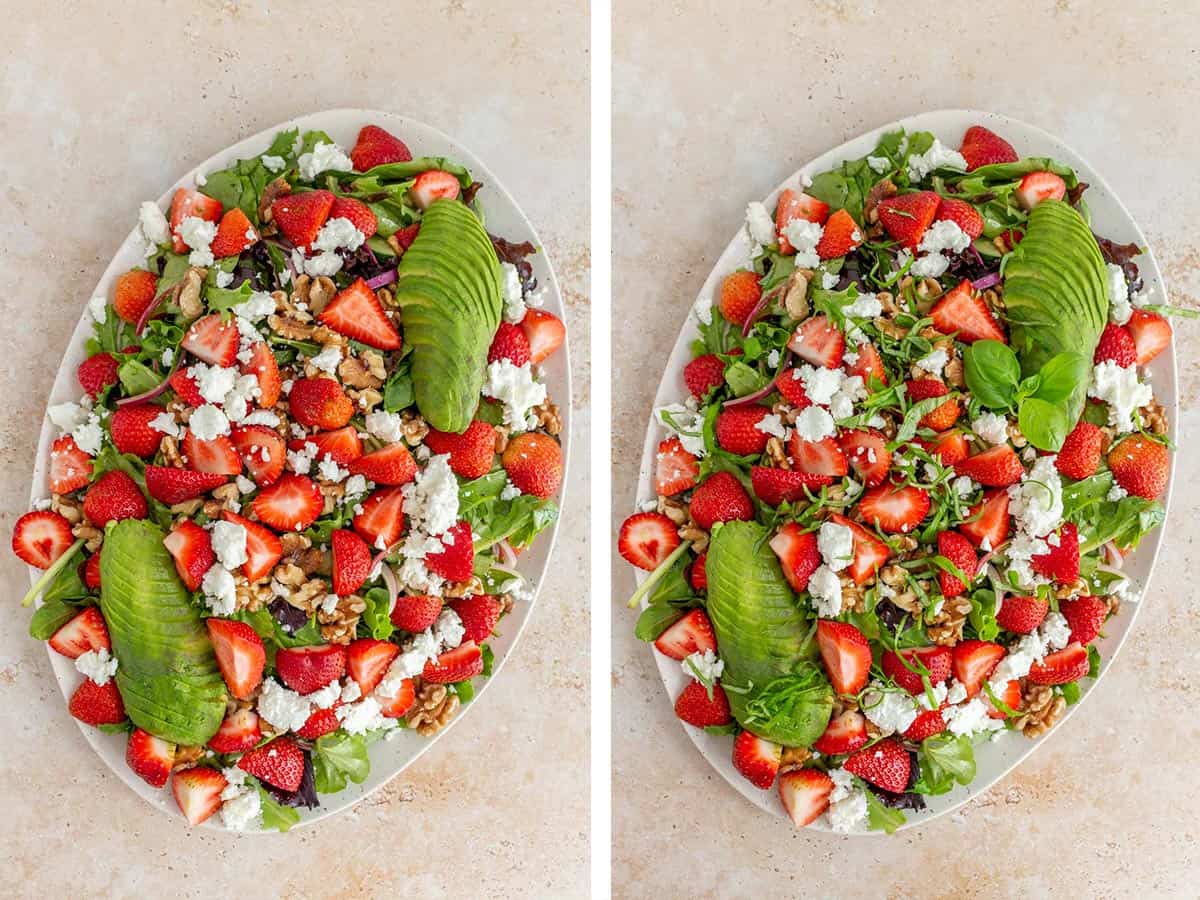 Set of two photos showing goat cheese and basil ribbons added to the platter of salad.