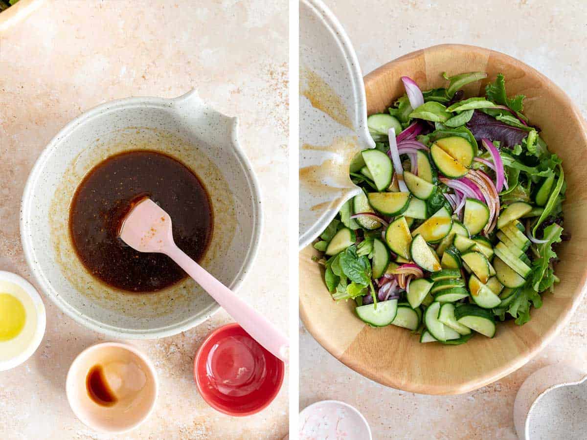 Set of two photos showing dressing mixed together and poured over mixed greens, onions, and cucumbers.