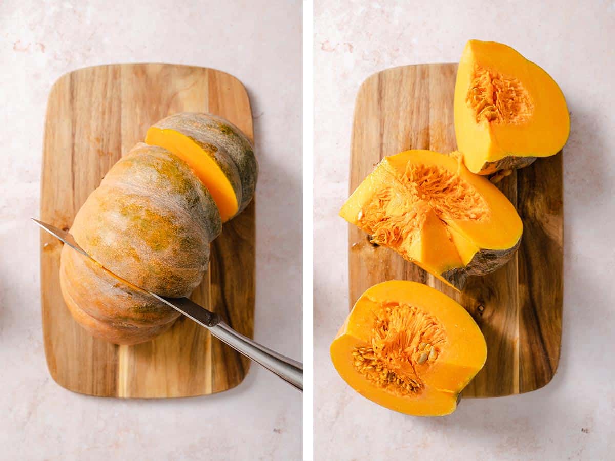 Set of two photos showing half a pumpkin sliced into three pieces.