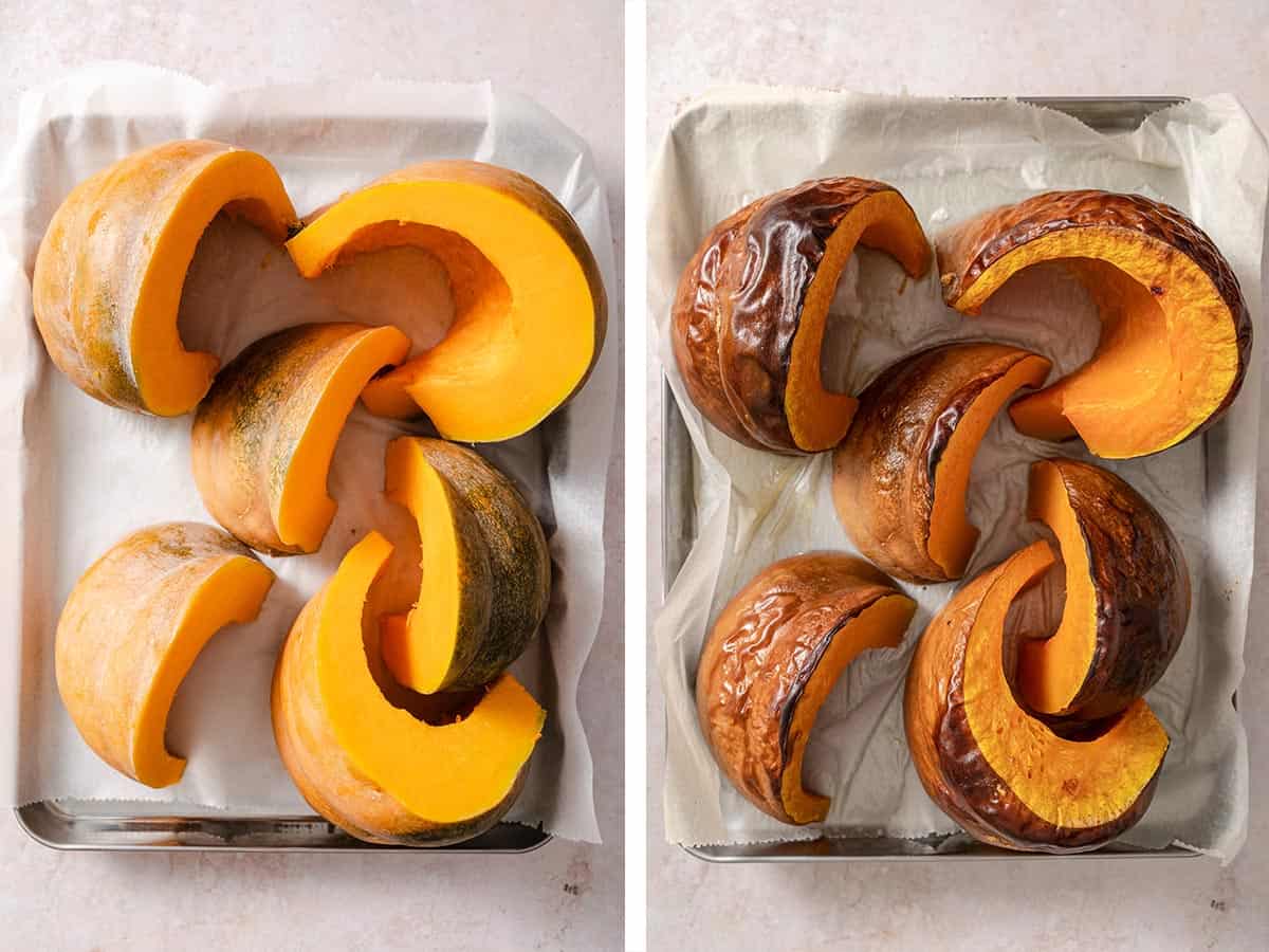 Set of two photos showing before and after pumpkin slices roasted on a lined sheet pan.