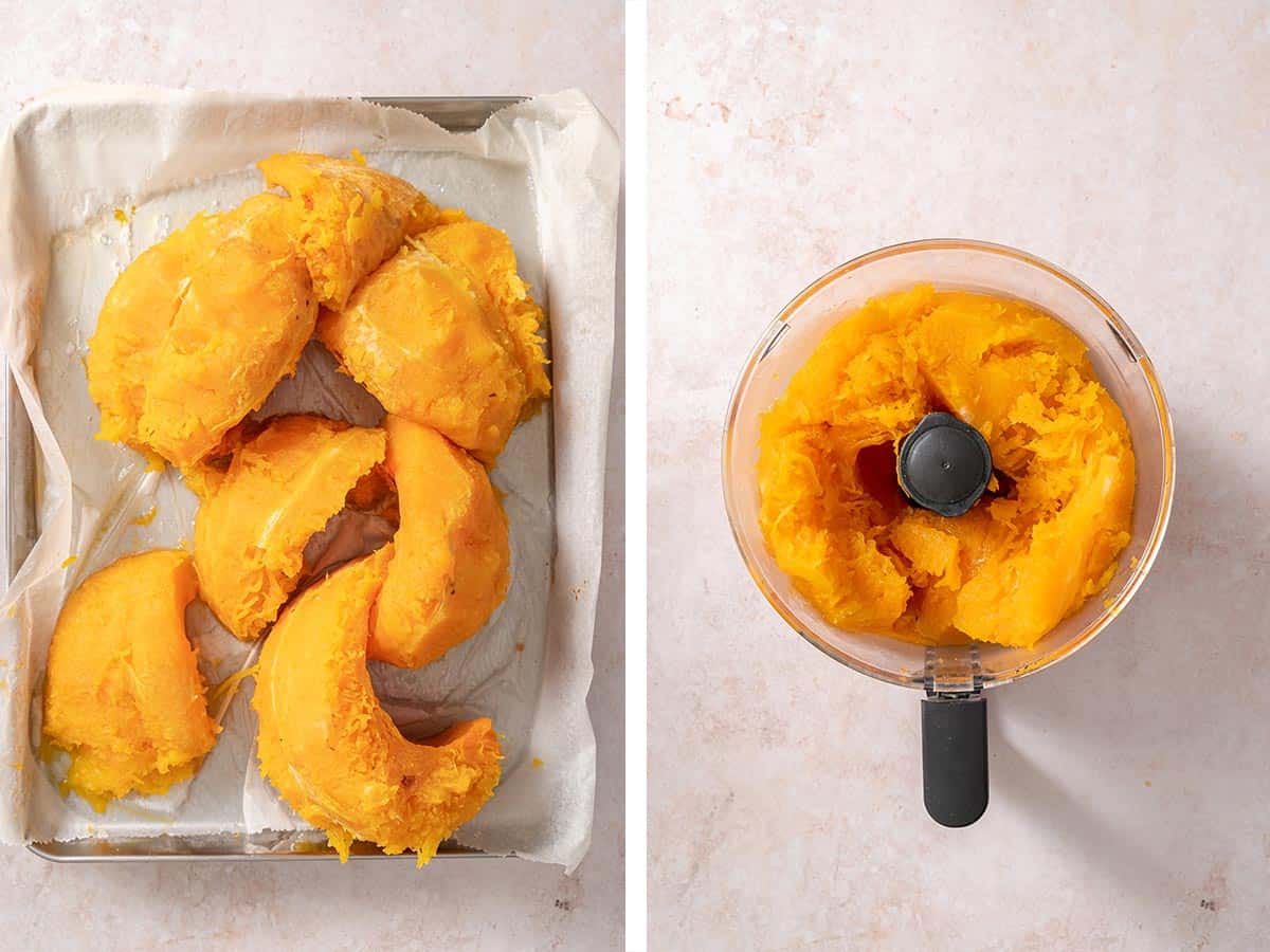 Set of two photos showing the skins peeled of sliced of roasted pumpkins then transferred to a food processor.