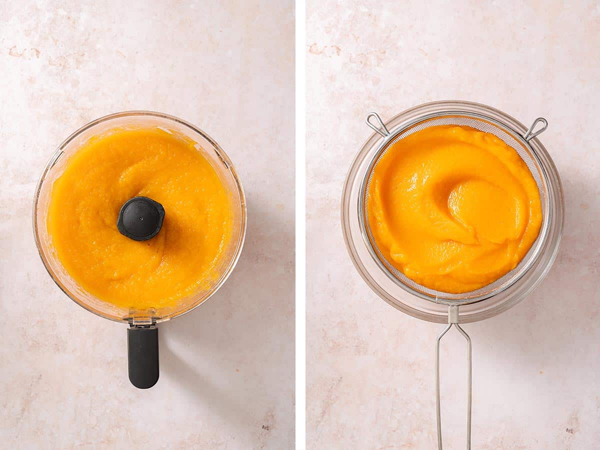 Set of two photos showing pumpkin pureed in a food processor then strained through a fine mesh strainer.