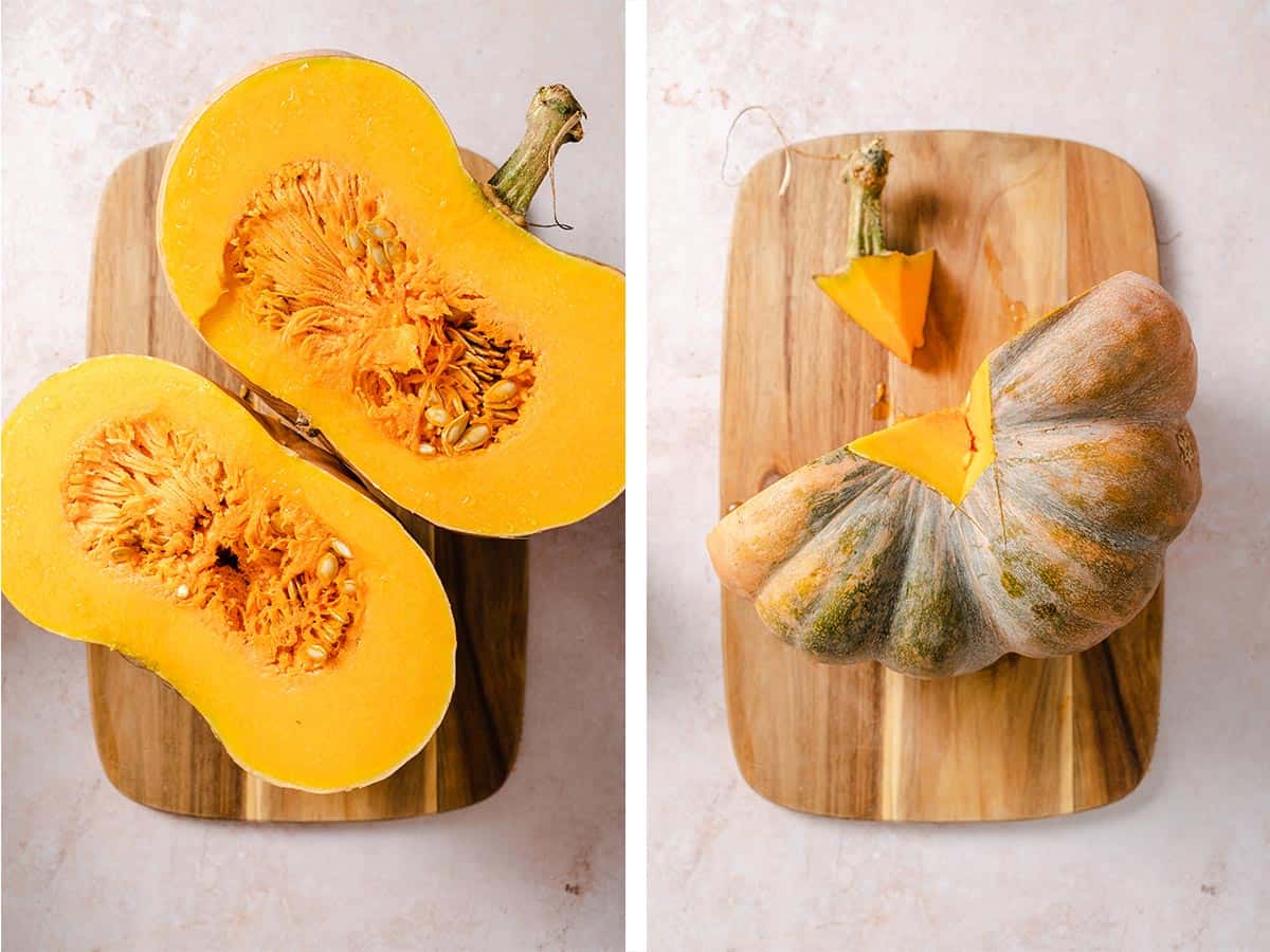 Set of two photos showing a pumpkin cut in half and the stem removed.