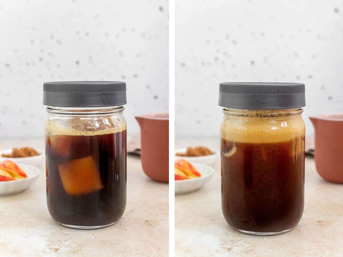 Set of two photos showing ice and a lid added to the espresso then shaken.