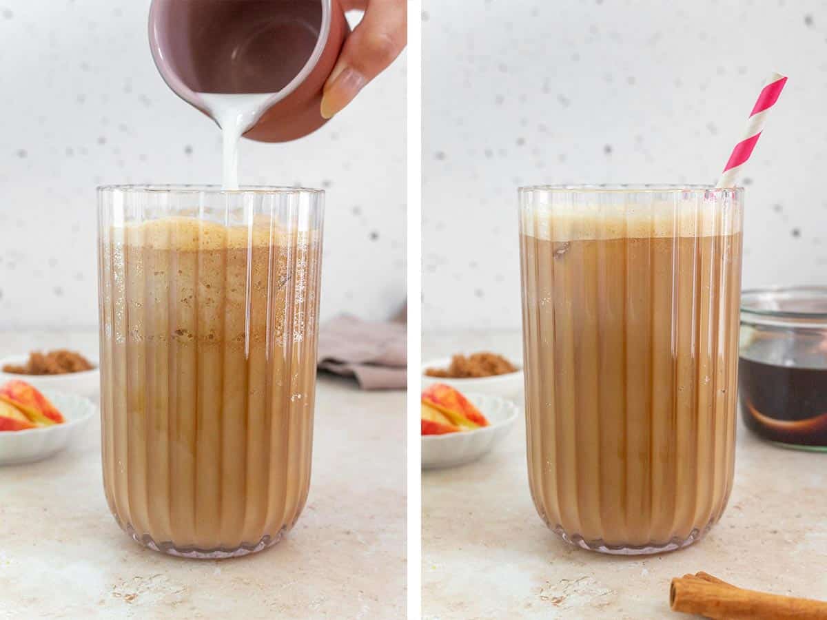 Set of two photos showing milk added to the shaken espresso.