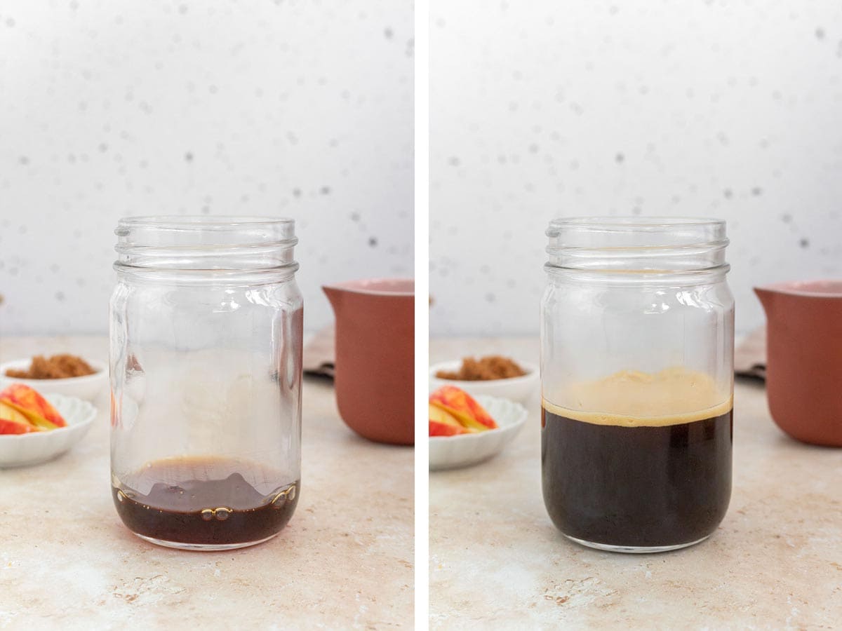 Set of two photos showing syrup and coffee added to a mason jar.